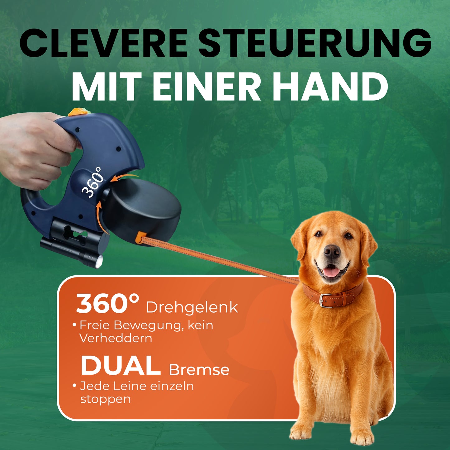 BarkBuddy™ – 2-in-1 Einziehbare Hundeleine mit 360° Drehgelenk